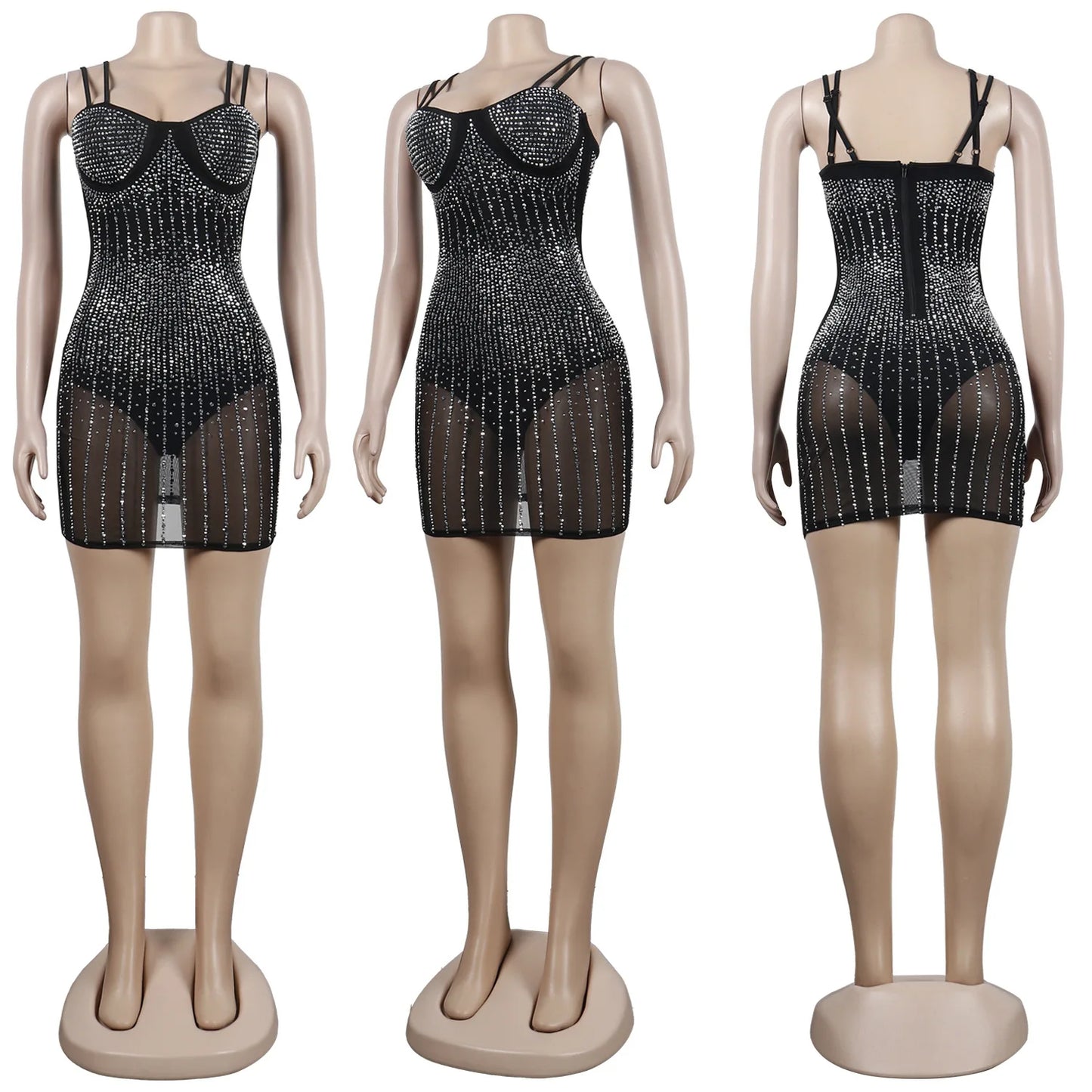 Mesh Rhinestone Mini Club Dress Sexy Women Spaghetti Strap Bodycon See Through Diamond  Party Dress